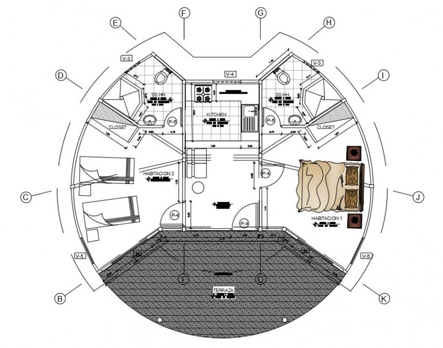 Two bedroom house circular layout plan cad drawing details dwg file