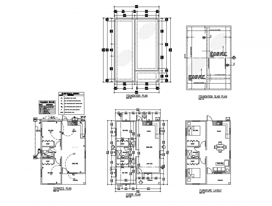 Two Bedroom House Foundation and Floor Plan AutoCAD DWG Drawing