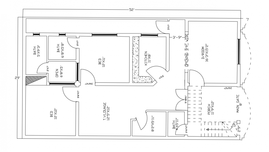 Two bedroom house layout plan with dimension drawing details dwg file