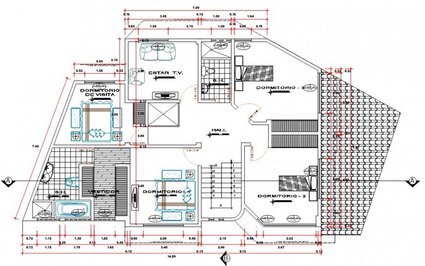 Two bedroom house layout plan with furniture drawing details dwg file
