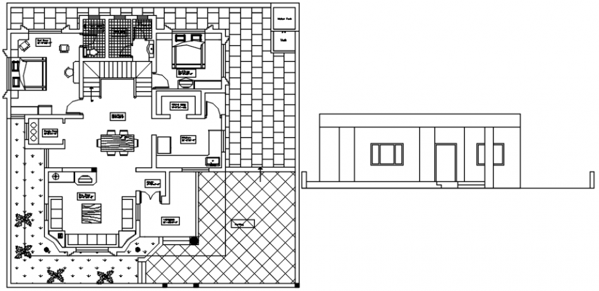 Two bedroom house main elevation and distribution plan drawing details dwg file
