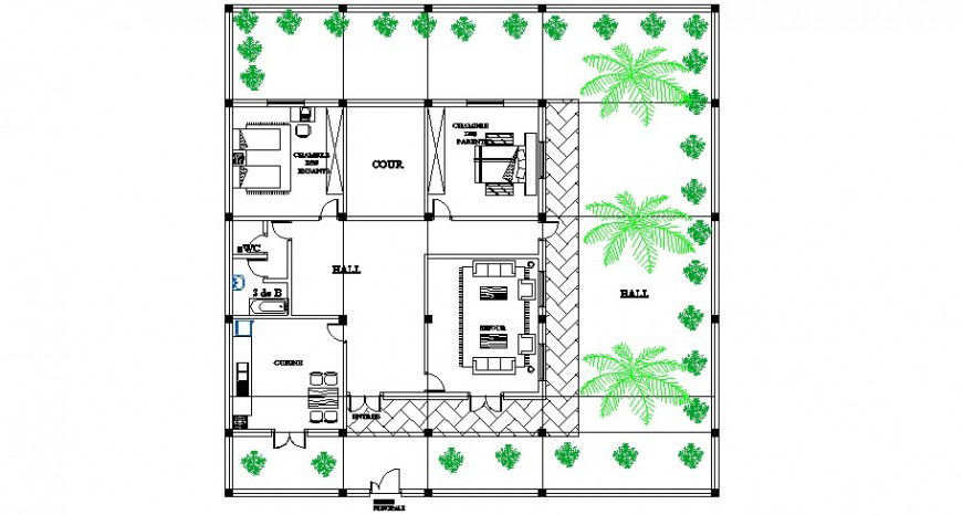 Two bedroom one family house architecture layout plan cad drawing details dwg file