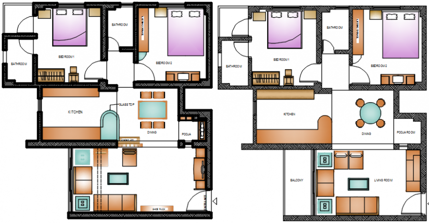 Two bedroom residential houses layout plan with furniture cad drawing details dwg file