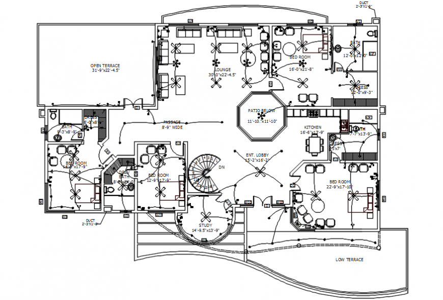 Two bedrooms house electrical installation and layout plan details dwg file