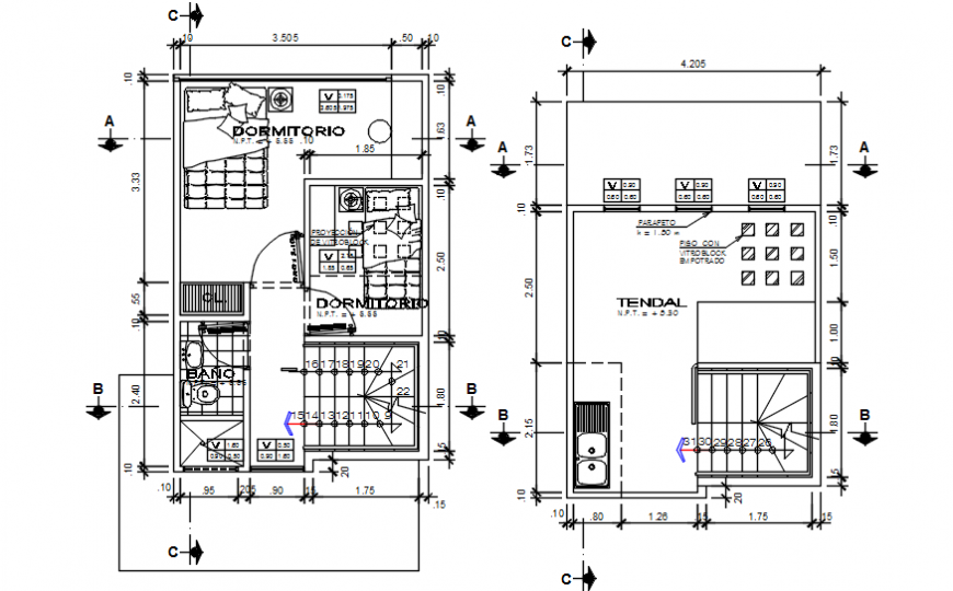 Two bedrooms of house distribution plan cad drawing details dwg file