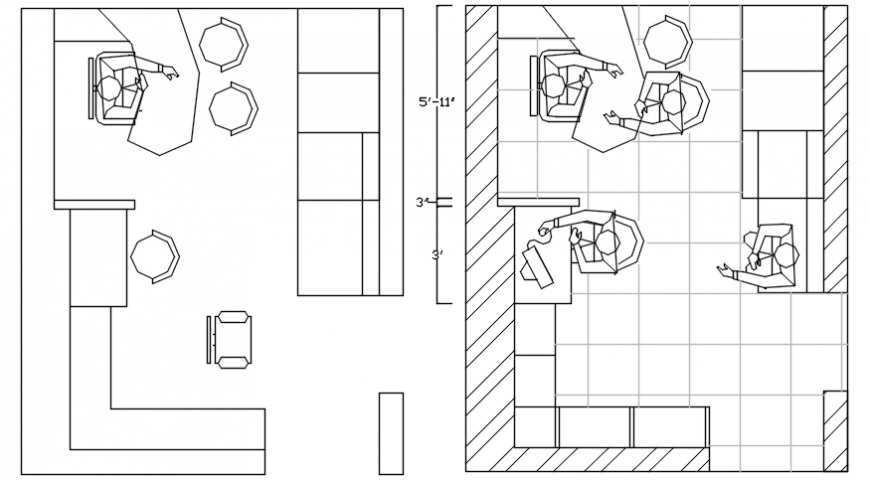 Two cabins of office plan, furniture and interior details dwg file