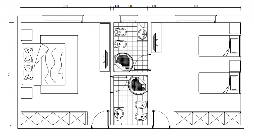 Two double bed bedrooms top view plan details dwg file