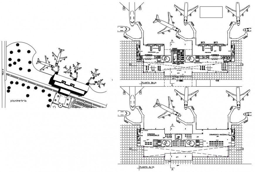 Two floor distribution and landscaping details for airport terminal dwg file