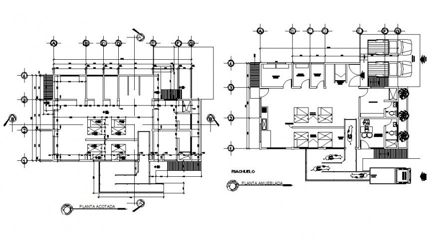 Two floor distribution plan details of municipal slaughter office dwg file