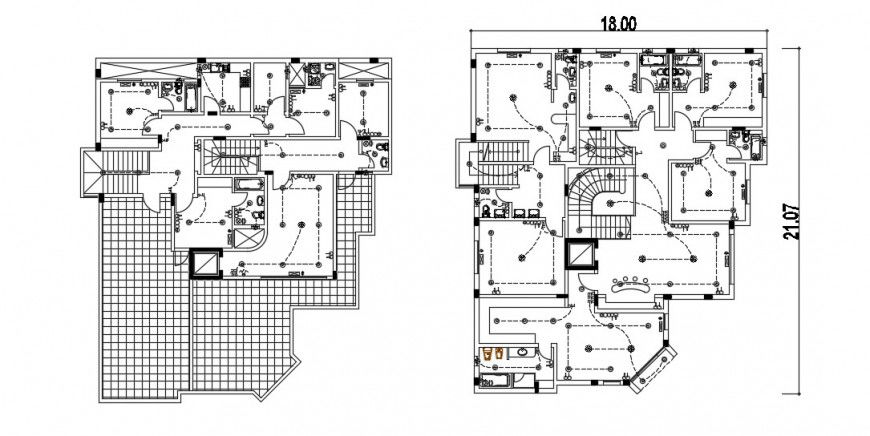 Two floor distribution plan with sanitary installation of residential house dwg file