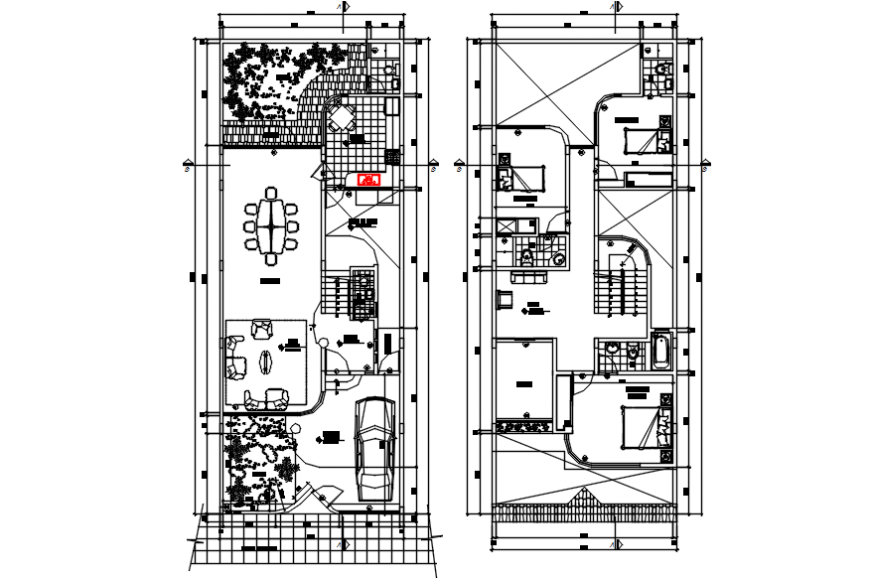 Two floor distribution with furniture layout of residential house dwg file