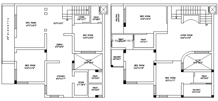 Two floor layout plan details of residential house dwg file