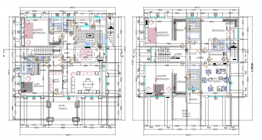 Two floor layout plan with furniture for duplex house dwg file