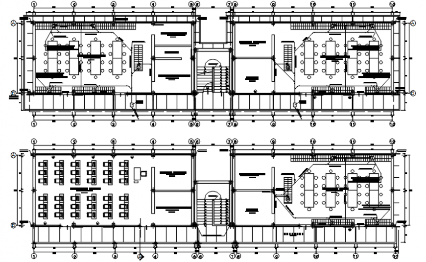 Two floor plan distribution drawing details of education building dwg file