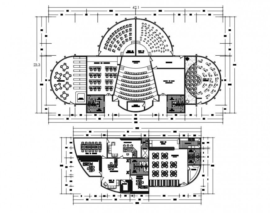 Two floor plan distribution drawing details of multiplex theater dwg file