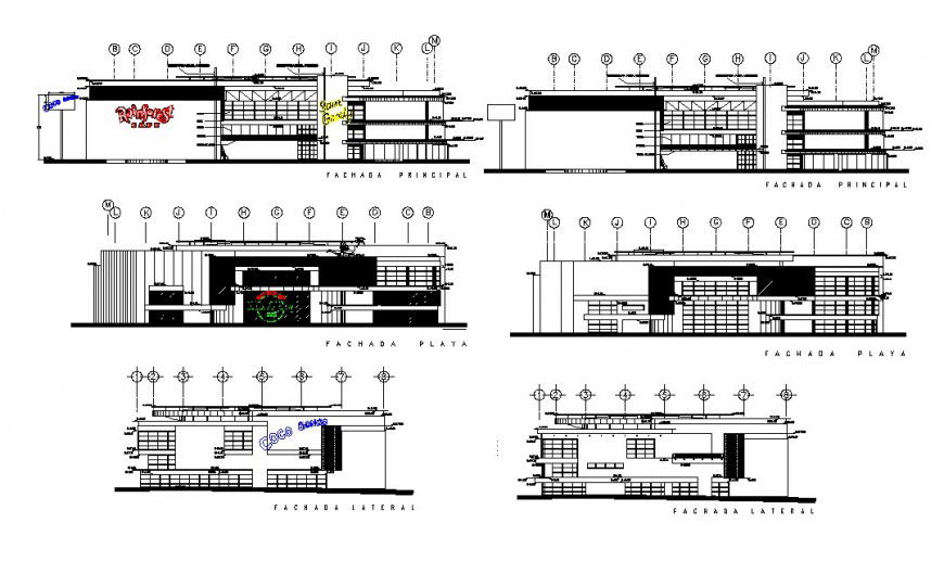 Two floor restaurant elevation detail drawing in dwg AutoCAD file.