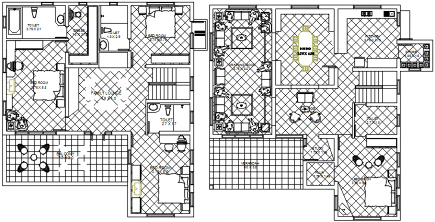 Two flooring house architecture layout plan cad drawing details dwg file