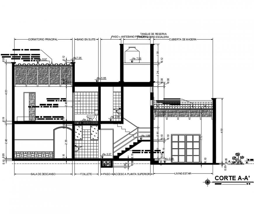 Two flooring house building construction with section roof of wood and tiles dwg file