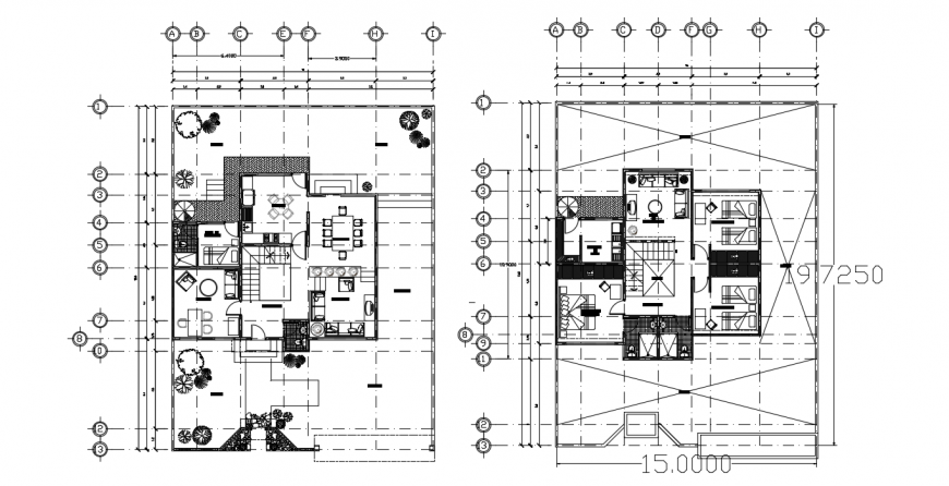 Two flooring house distribution with furniture layout plan drawing details dwg file