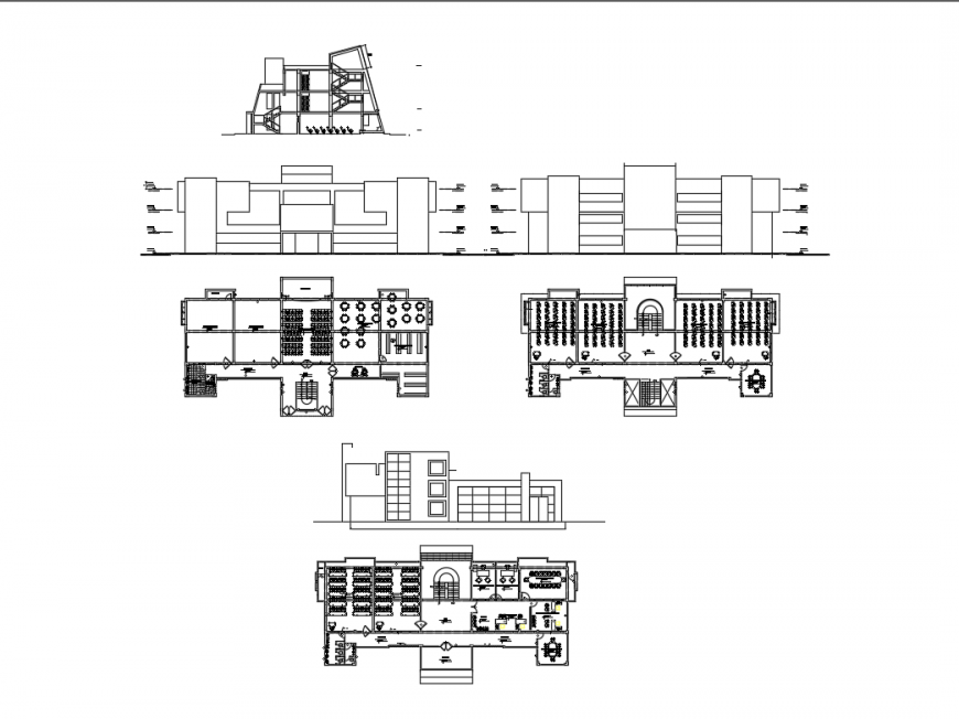 Two flooring science college elevation, section and floor plan layout details dwg file