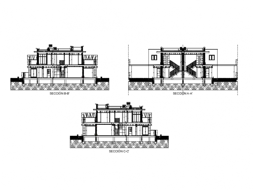 Two flooring semi detached house section A-A, B-B and section C-C details dwg file