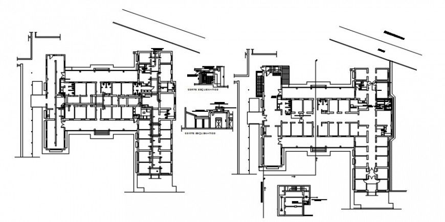 Two floors distribution and structure details of neuro psychiatric hospital dwg file