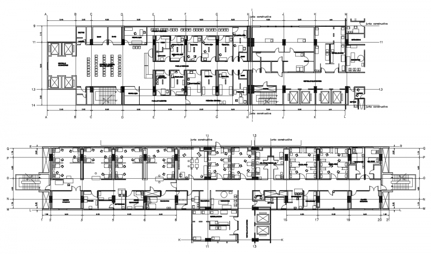 Two floors distribution plan details of hospital building dwg file