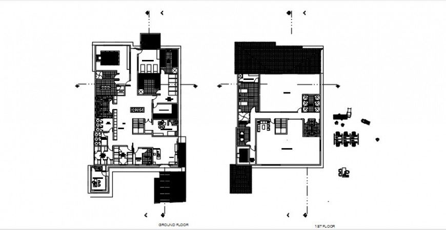 Two floors distribution plan with furniture of residential house dwg file