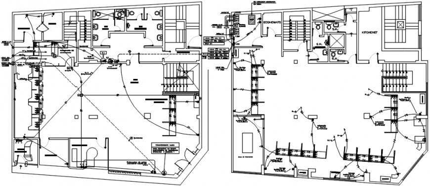 Two floors electrical installation layout plan with diagram details for villa dwg file