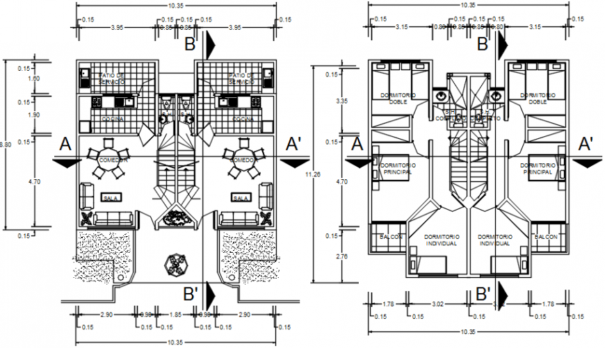 Two floors of house distribution plan with furniture drawing details dwg file