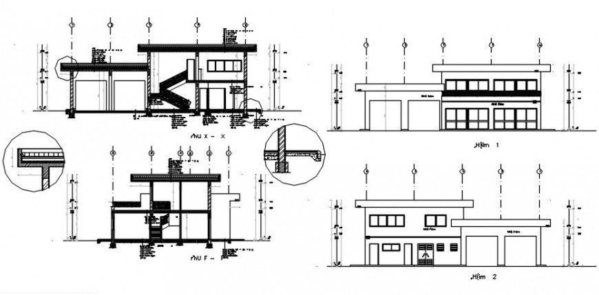 Two floors service maintenance center elevation and section details dwg file