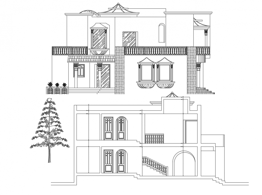 Two level beautiful house main elevation and section drawing details dwg file