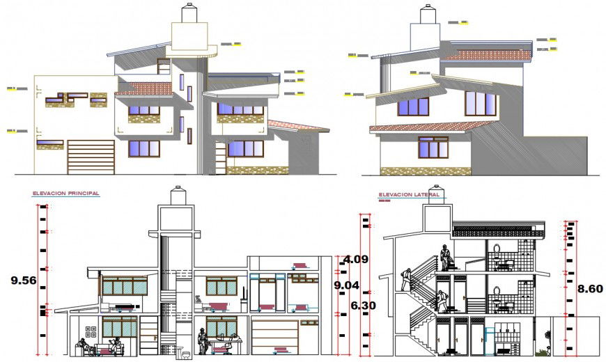 Two level bungalow elevation and section drawing details dwg file
