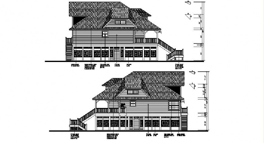 Two level cottage house front and back elevation drawing details dwg file