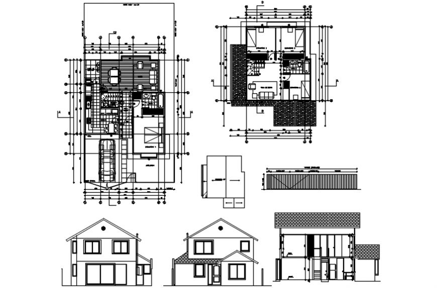 Two level home elevations, section and floor plan drawing details dwg file