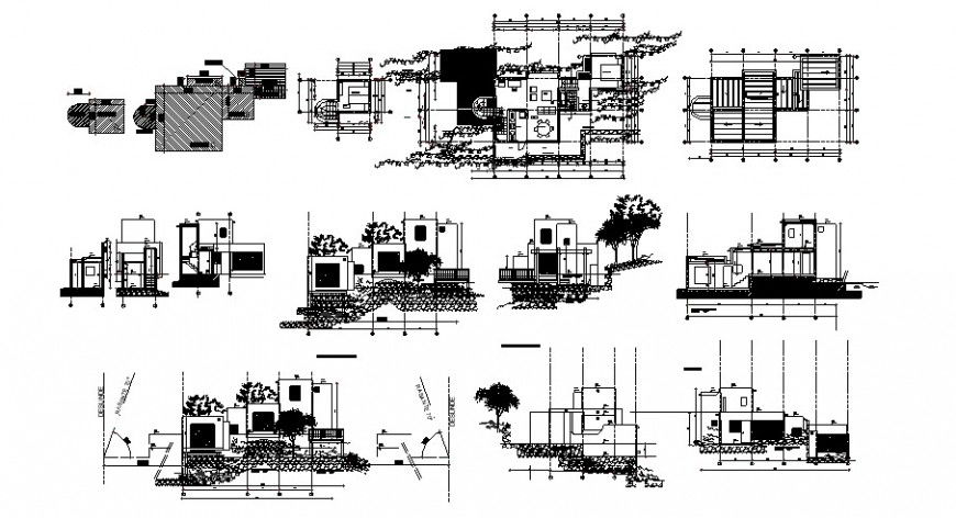 Two level house all sided elevation, section, layout plan and structure details dwg file