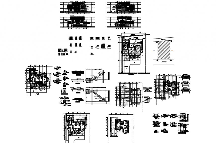 Two level house elevation, section, floor plan, foundation and structure drawing details dwg file