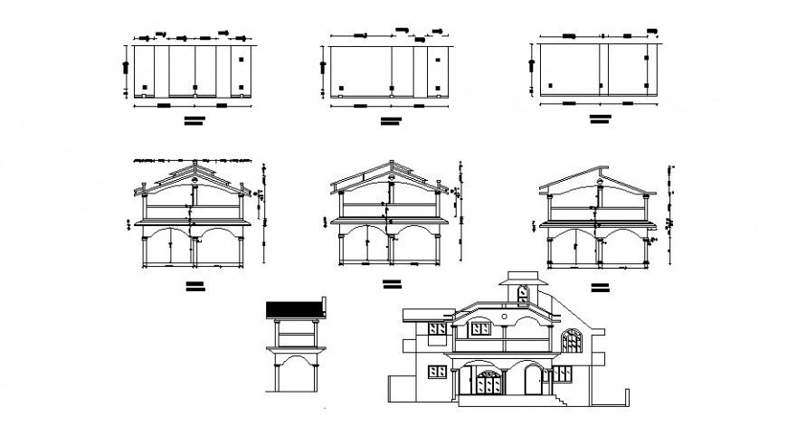 Two level house elevation, section and structure auto-cad drawing details dwg file