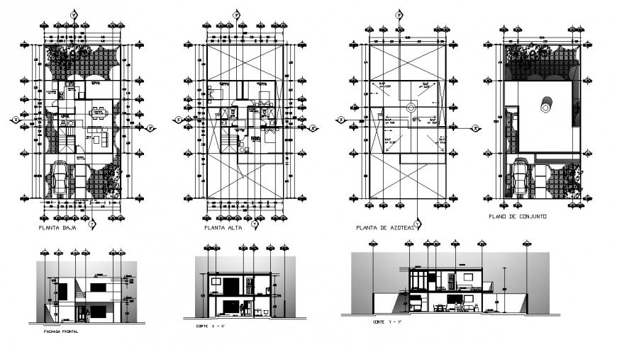 Two level house elevation, section and floor plan cad drawing details ...
