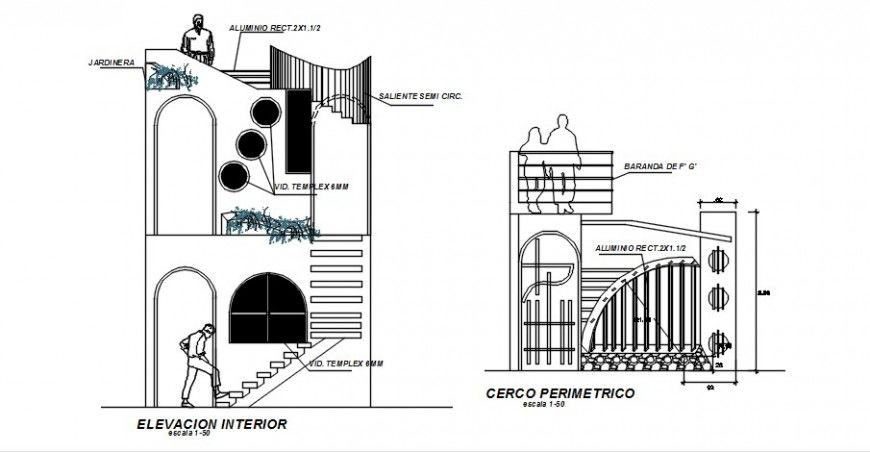 Two level house elevation and main gate drawing details dwg file