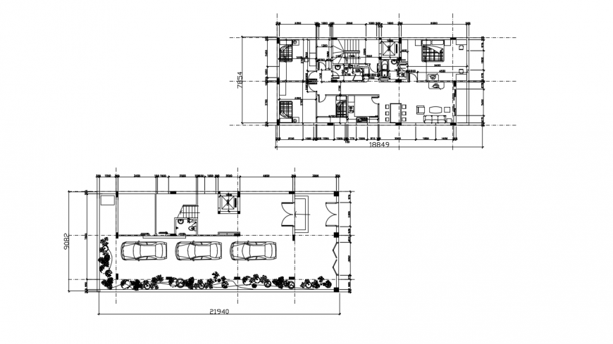 Two level house floor plan with furniture layout drawing details dwg file