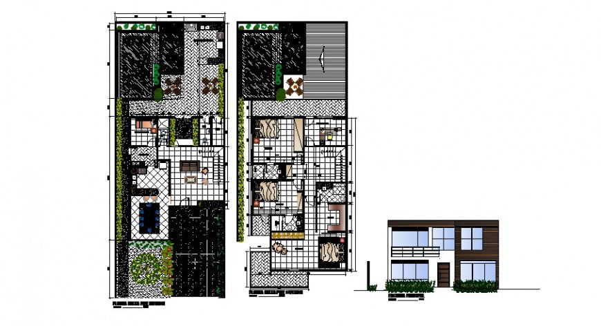 Two level house frontal elevation and floor plan cad drawing details dwg file