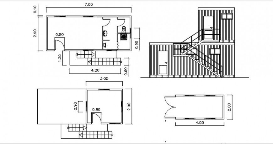 Two level house section and general plan drawing details dwg file