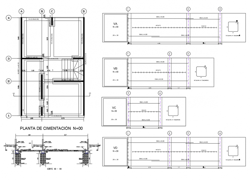 Two level housing plan foundation view with detail dwg file