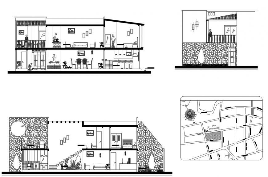 Two level one family house section with location map cad drawing details dwg file