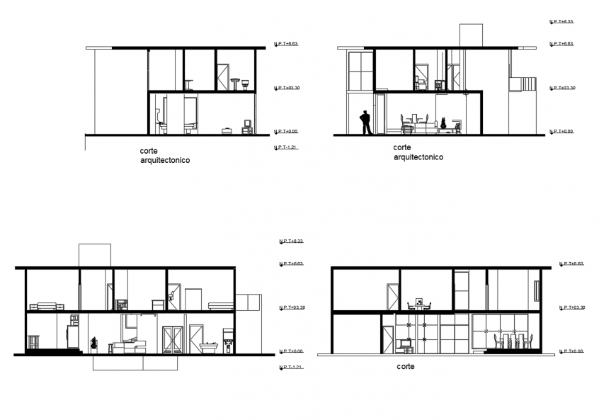 Two level residential house all sided section cad drawing details dwg file