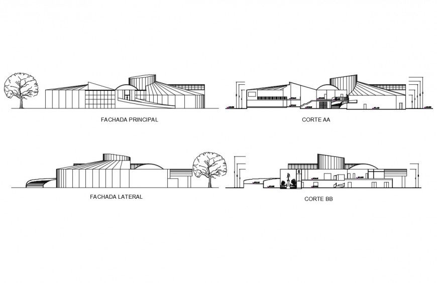 Two level school facade and back elevation and section details dwg file