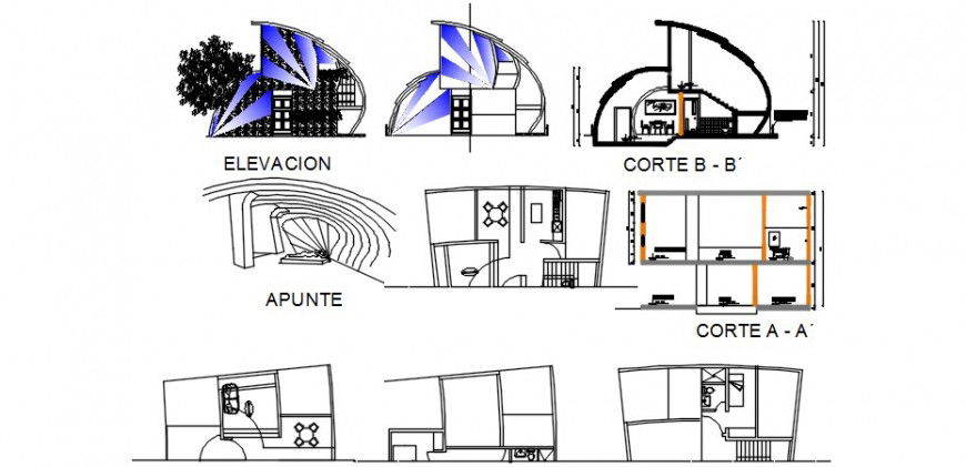 Two level uni-familiar house elevations and sections drawing details dwg file