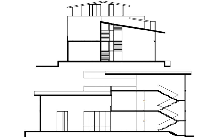Two level villa main elevation and section drawing details dwg file