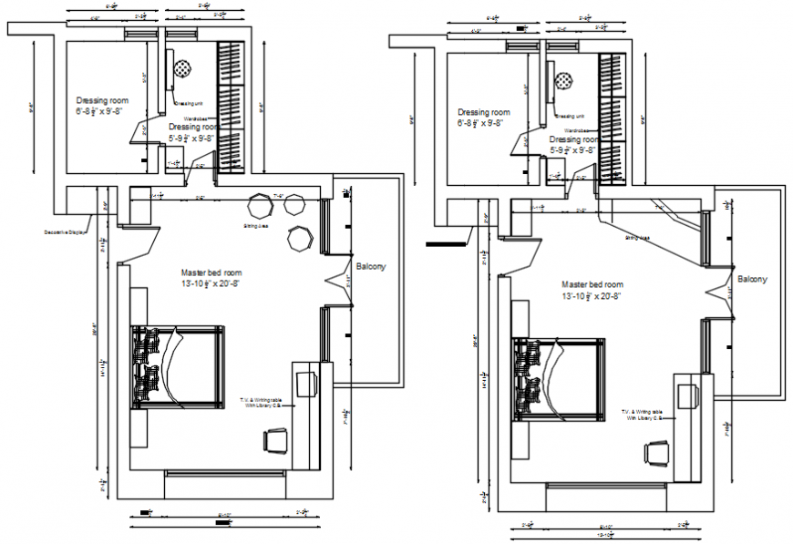 Two master bedrooms plan cad drawing details dwg file